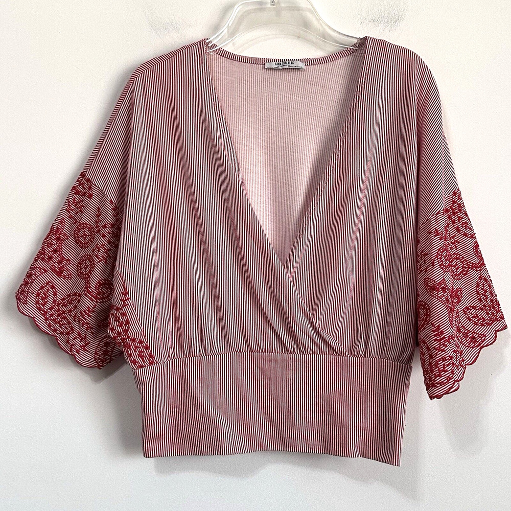 Zara Top M Surplice Crop Smocked Red Stripe Embroidered Half Sleeve Popover Boho